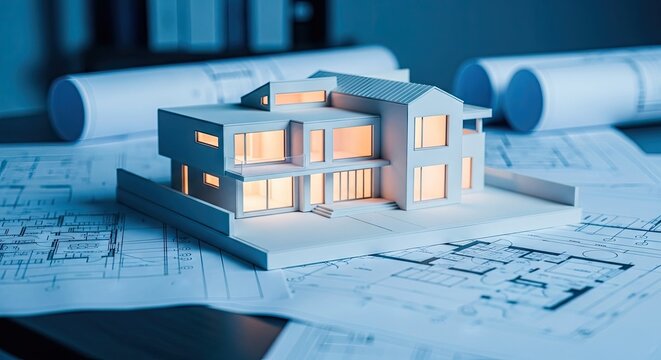 Contemporary house scale model on construction blueprints.