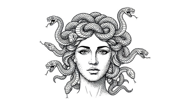Medusa Portrait, Mythological Creature, Snake Hair, Ancient Greek Legend, Fantasy Art