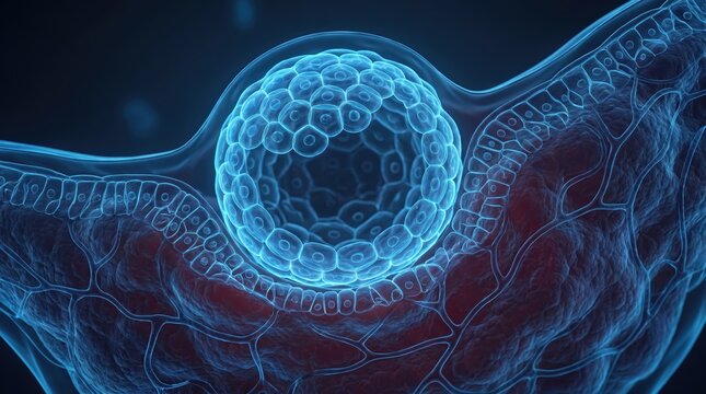 Microscopic view of a biological cell structure with glowing nucleus and membrane.