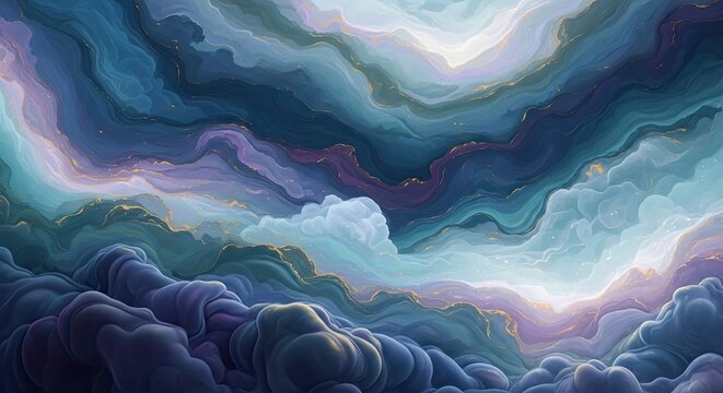 Abstract blue and purple fluid marble texture with gold accents