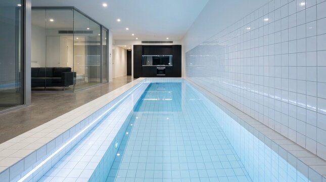 Serene Indoor Lap Pool with a Striking White Tiled Finish in Modern Residential Architecture