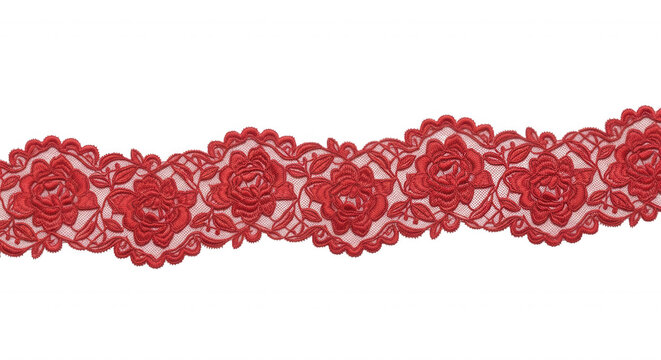 A horizontal strip of red lace trim featuring an intricate floral rose pattern with scalloped edges isolated on a solid black background