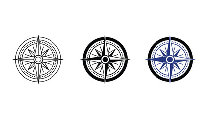 Navigation compass rose icon set featuring circular directional tools in outline solid black and blue color vector styles for cartography and travel design concepts isolated on white © Pure