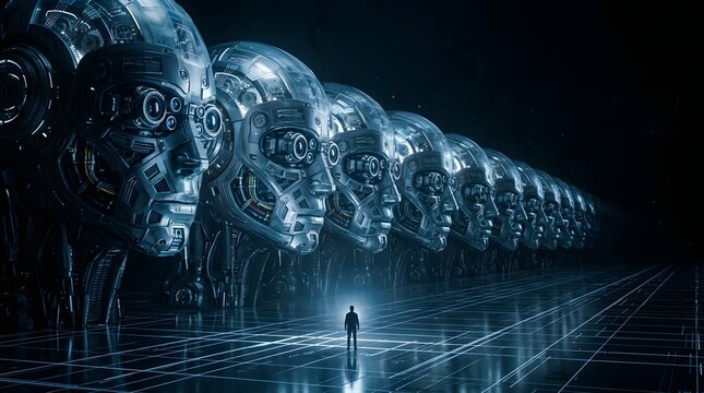 Small Lone Human Figure Standing Before Massive Row of Identical Metallic AI Robotic Humanoid Heads in Dark Futuristic Grid Environment with Blue Lighting, Human Versus Machine Future