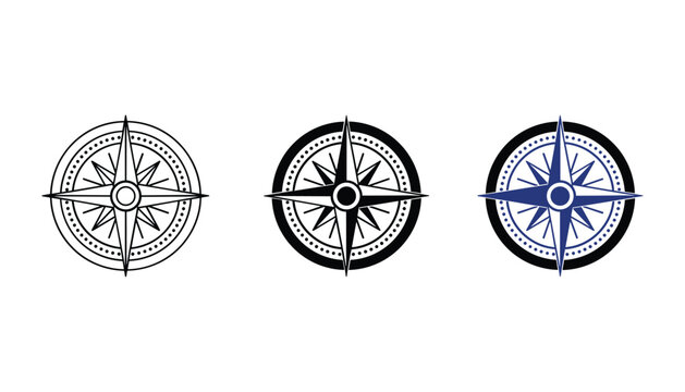 Navigation compass rose icon set featuring circular directional tools in outline solid black and blue color vector styles for cartography and travel design concepts isolated on white