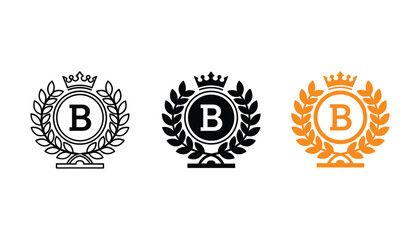 Royal letter B crest logo badge design with laurel wreath and crown in three distinct graphical styles for luxury corporate branding © Pure