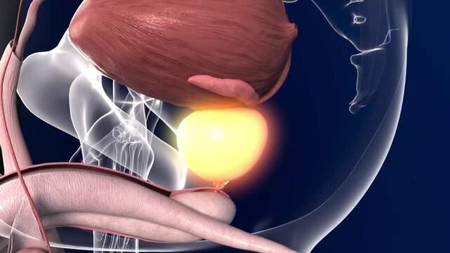 Anatomy of male reproductive and endocrine systems: prostate gland, gonads, and hormone secretion. Reproductive health and endocrine diseases visualized in 3D rendering.