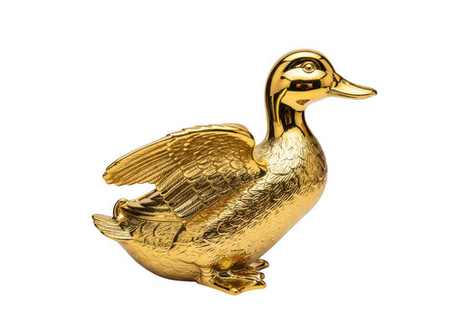 Golden shiny metal duck figurine standing as a decorative home ornament