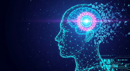 Obraz premium Abstract digital representation of a human head with glowing brain and network connections, symbolizing artificial intelligence and technology.