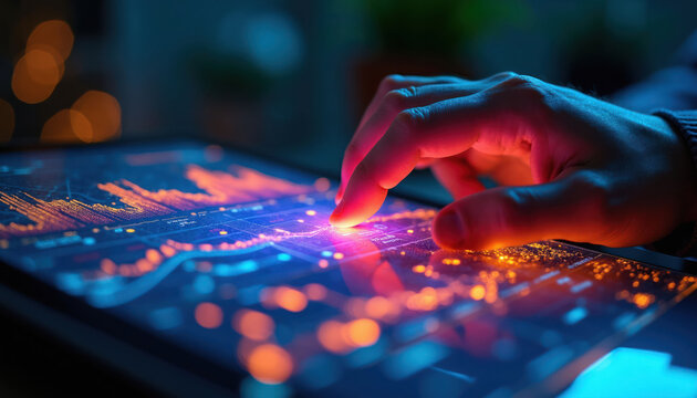 Close-up of hand interacting with futuristic touchscreen displaying glowing data graphs. Person uses digital interface for analytics or business insights. Blue and orange colors.