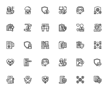 Health Insurance icon set. Minimal vector icons pack. Featuring Healthcare, Protect, Insurance, Checkup, Customer service, Hospital, Document, Clipboard, Nurse, Payment, Calendar, Family, Law, Heart, 
