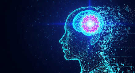 Fototapeta premium Abstract representation of a human head with a glowing gear inside the brain, symbolizing artificial intelligence and technology.
