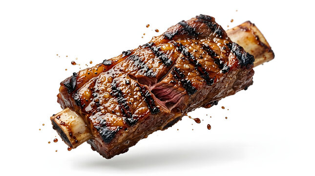 A glazed, sizzling Korean BBQ beef short rib with dramatic char marks floats dynamically against a white background with sauce droplets.