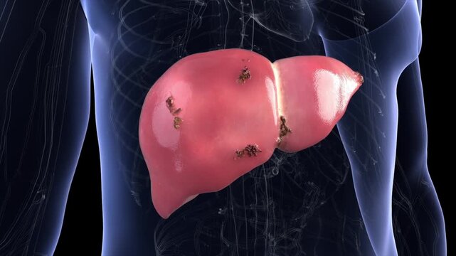 Healthy liver develops lesions from cirrhosis, hepatitis, and damage as disease spreads. 3D animation visualizing liver disease progression. Alpha channel.