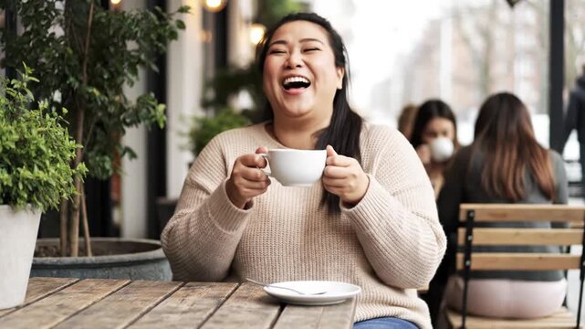 Asian woman laughing drinking coffee at outdoor cafe patio