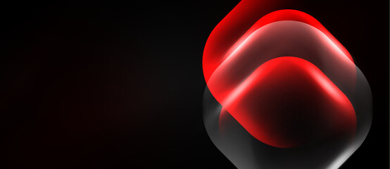 Naklejka premium Abstract red shapes overlap black background. Glossy effect creates depth, modern design element. Minimalist composition, vibrant color.