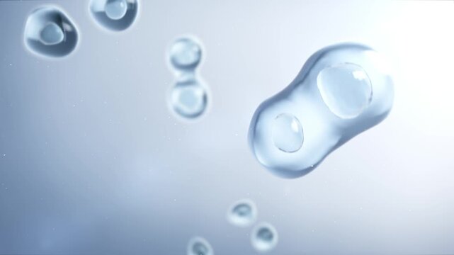 Stem cell division and multiplication. Mitosis closeup, cloning colonies. Cell therapy and regeneration. 3D animation. Brighting background.