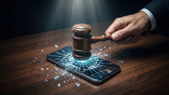 Judge's Gavel Crashes Down on Smartphone in Symbolic Representation of Tech Regulation