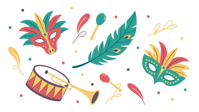 Vector illustration of carnival festival elements with colorful masquerade masks drum trumpet and maracas