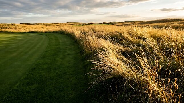 Expansive golf course fairway bordered by golden tall grass under a vast sky