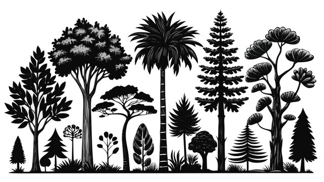 Diverse forest trees silhouette against white background with distinct textures and shapes