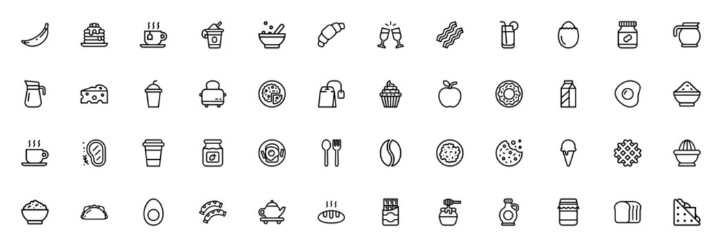 Breakfast icon set. Vector food icons. Includes banana, pancakes, cereal, toast, bacon, eggs, coffee, juice and more. Editable stroke.