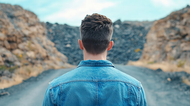 A man in a denim jacket stands facing a forked road between rocky cliffs under a partly cloudy sky.