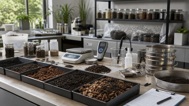 Research space for soil testing in a laboratory with various soil samples, scales, and equipment visible on the countertop