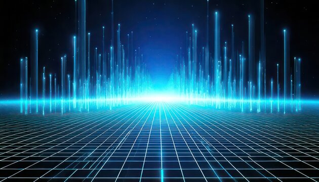Dynamic digital landscape with luminous blue data streams ascending from a futuristic geometric grid, symbolizing advanced technology, global network connectivity, and future innovation