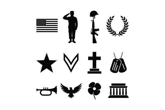 Memorial Day Military Icons and Soldier Silhouette Set