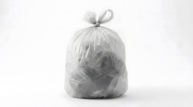 Full plastic trash bag tied closed on a white studio background