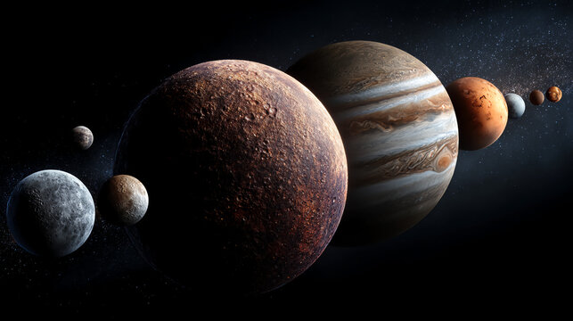 A detailed artistic representation of the planets in our solar system aligned in space, showcasing their varied sizes and surface textures.