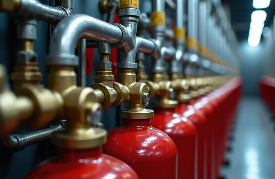 Row of red gas fire suppression cylinders connected by metal pipes and valves. Industrial safety system in server room protects equipment from fire hazards. Automated fire protection.