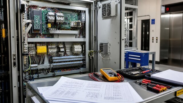 Detailed view of electrical control panel with tools and technical documents in an elevator factory setting during daytime
