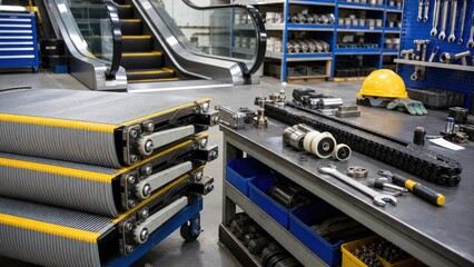 Fototapeta premium Equipment and tools are arranged in a workshop with escalators in the background, showcasing a work area filled with machinery and parts