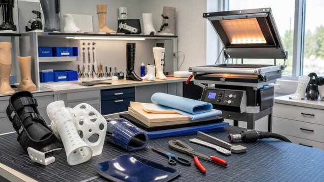 Workshop with various materials and tools for creating prosthetics and orthotics in a bright space during daytime