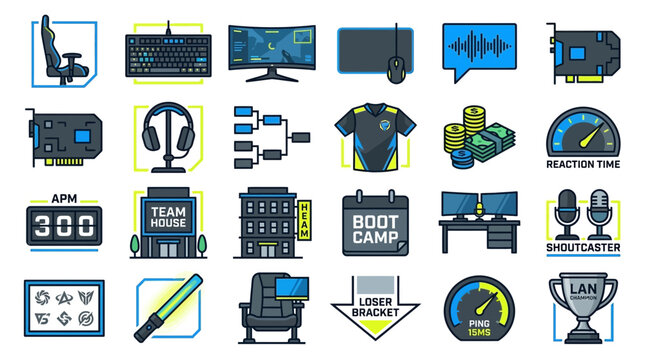 Gaming Icons Collection Featuring Chairs, Monitors, Headsets, Controllers, Trophies, Badges, Microphones, Gamepads, Accessories