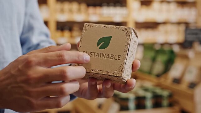 Hands holding sustainable packaging with green logo in shop
