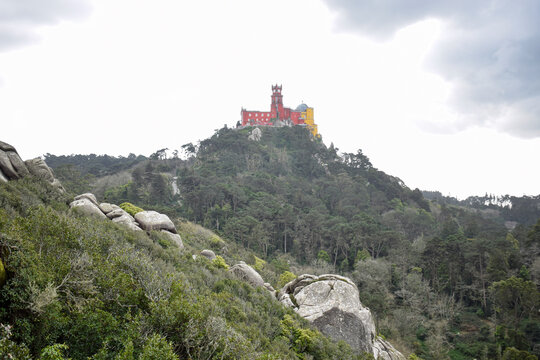 Moorish Castle Walls Overlooking Pena Palace in Sintra, Portugal