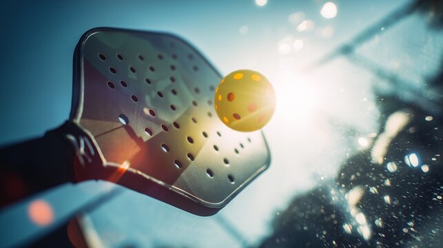 Close-up of a pickleball paddle hitting a ball mid-air, frozen motion