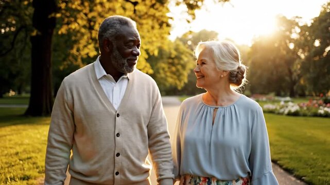 Happy senior couple walking in sunny park at golden hour