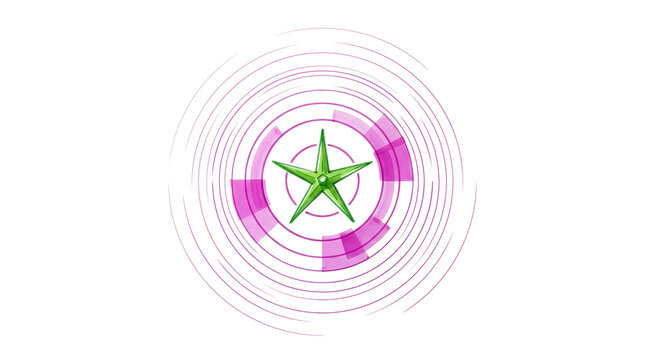 Green star with purple circular elements and glitch effect on transparent png background.