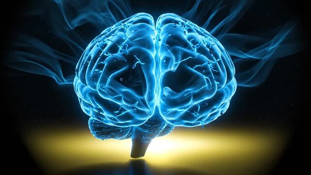 Glowing blue brain emits smoke on yellow background in dark