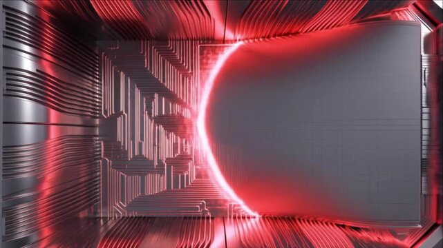 リスク管理や保険数理を象徴する赤いデータが流れる精密な統計プロセッサ背景