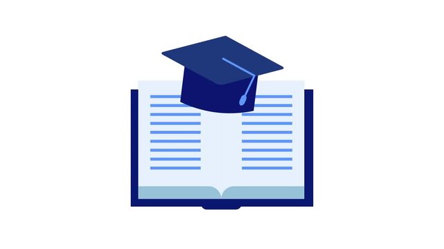 Graduation cap floating over an open book animation