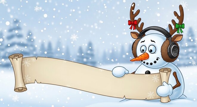 Winter's Whimsy: A Snowy Scene with a Cheerful Snowman and Festive Reindeer Antlers