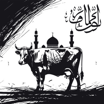 Premium Qurbani Eid artwork, black scribble texture mixed with realistic line art cow, mosque silhouette fading into background, modern Islamic calligraphy accents, clean white negative space, ultra d