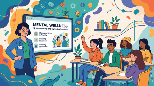 A doctor leads a mental wellness discussion with diverse students in classroom