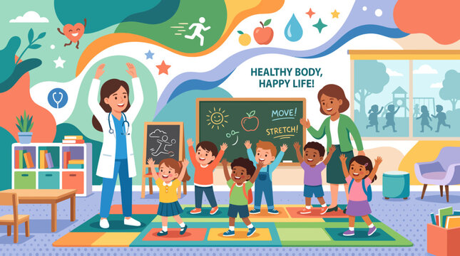 A doctor and teacher engaging children in an educational activity in a classroom