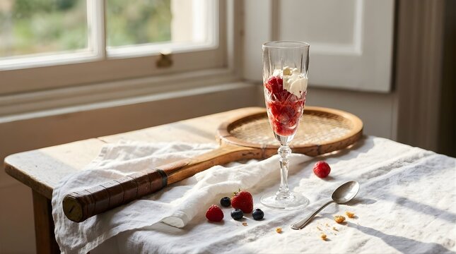 Serene dessert scene with glass dish on elegant table